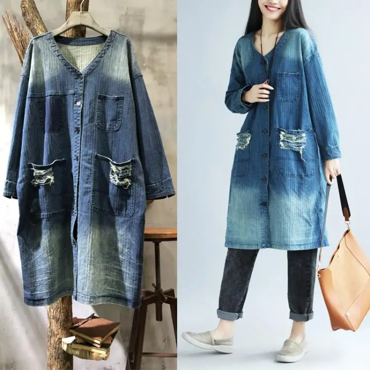 Free Shipping 2021 New Denim Long Coat For Women Plus Size Loose Jeans Outerwear Long Sleeve Single-breasted Printed Holes Coat 2021 new arrivals women lace up jeans holes hollow out fashion large jeans streetwear high waist skinny denim pencil pants