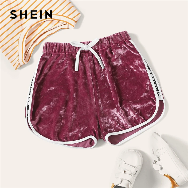 

SHEIN Kiddie Pink Lettering Side Crushed Velvet Casual Girls Short Kids Clothing 2019 Summer Drawstring Waist Children Bottoms
