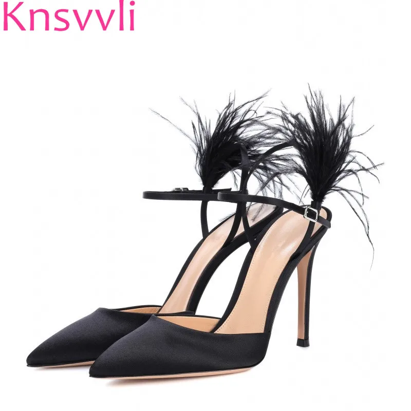 

Knsvvli Summer Newset High Heel Sandals Feather Silk A Word Buckle Pointy Toe Sexy Stiletto Feminino