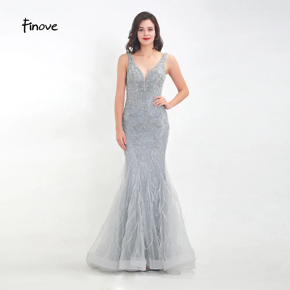 

Finove 2019 Evening Dresses New Design Tulle With Beading Feathers Sexy V Neck Long Floor Length Party Mermaid Dress For Women