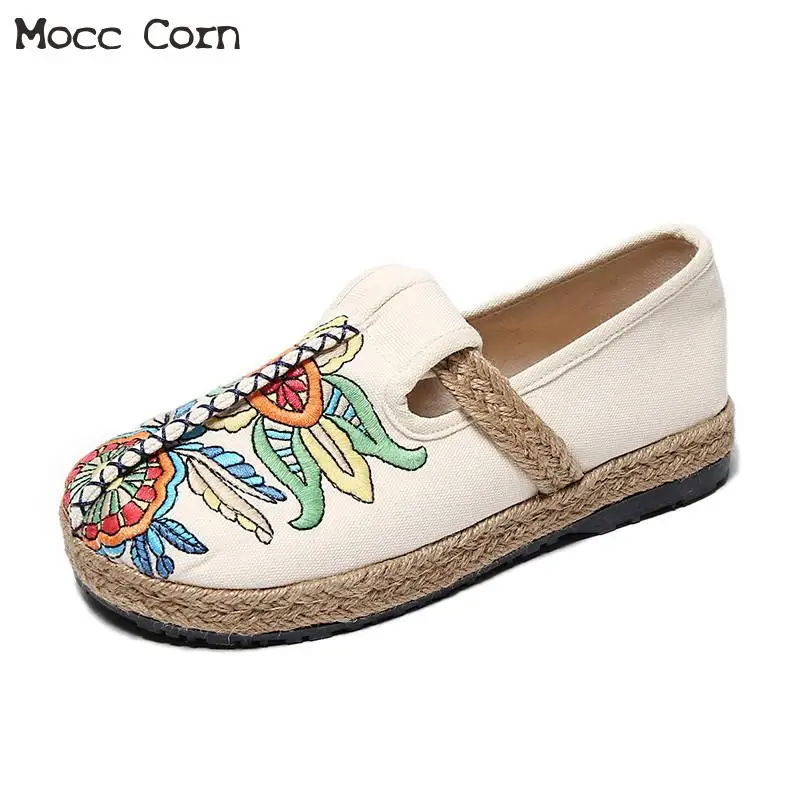 

2019 Cloth Shoes Canvas Women Flat Shoes Comfortable Slip On Loafers Embroidered Flats Lady Linen Casual Breathable Footwear