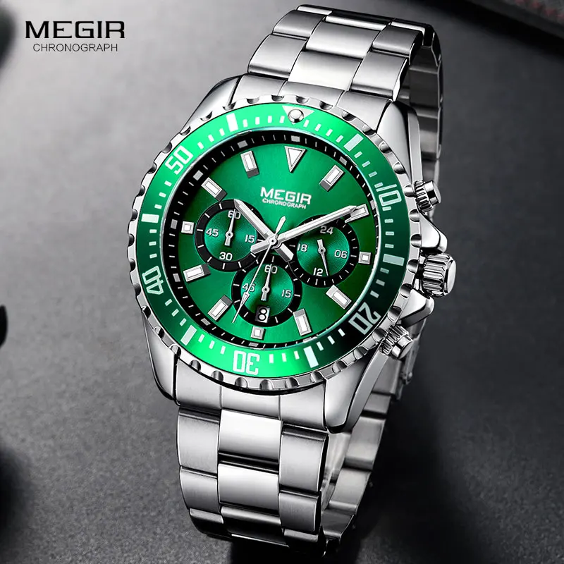 MEGIR Men's Stainless Steel Waterproof Chronograph Watch with Luminous Green Dial