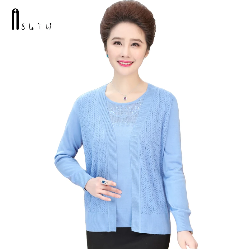 

ASLTW Embroidery Sweater Women New Spring Women O Neck Sweater Suits Shirt+Cardigan Plus Size Real Two Piece Female Sweater Sets