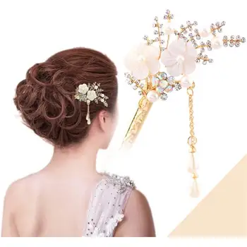 

Bridal Vintage Crystal Rhinestone Flower Hair Stick For Woman imitation pearl Tassels Hairpin Clip Hair Jewelry Accessories