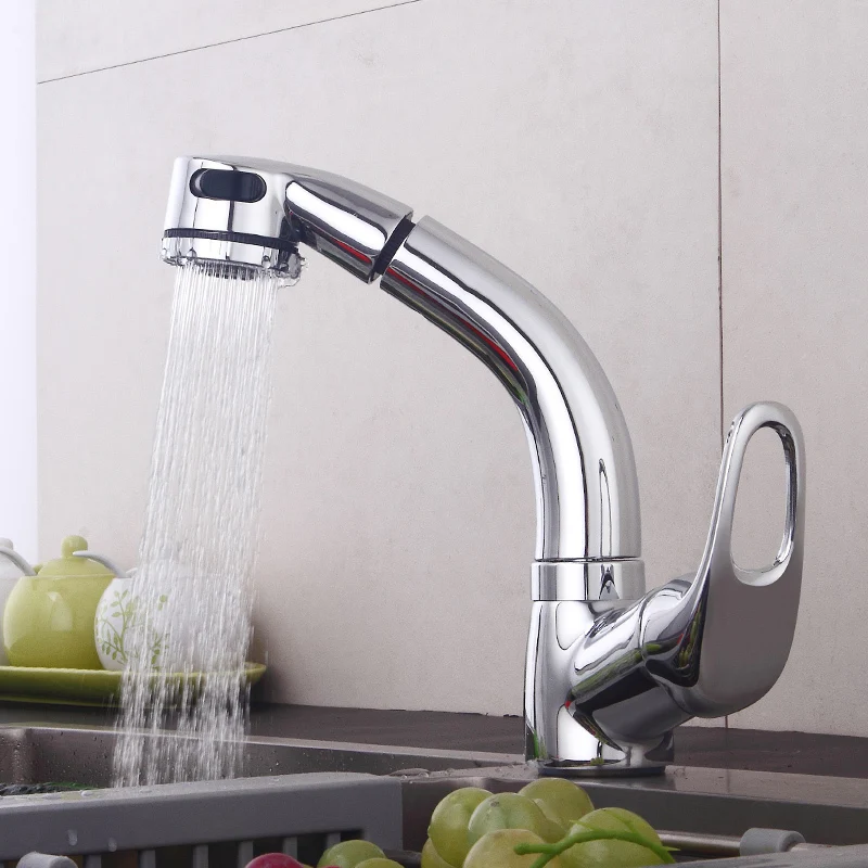 Fapully Chrome Kitchen Faucet Pull Out Cold and Hot Mixer Tap Single Hole Ceramic Valve Deck Mount Swivel Spout Faucets 546-33C