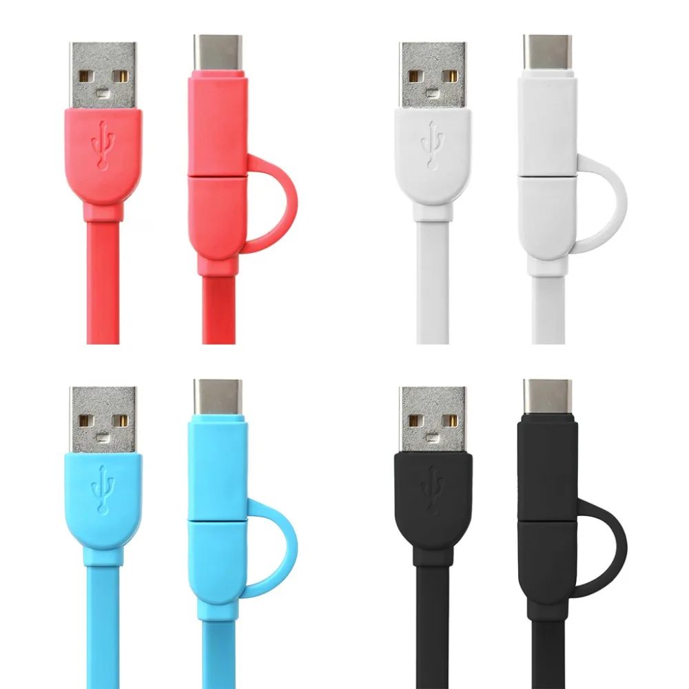 

1m Micro USB+Type C 2-In-1 Data Charger Charging TPE Flat Cable For Android Phone