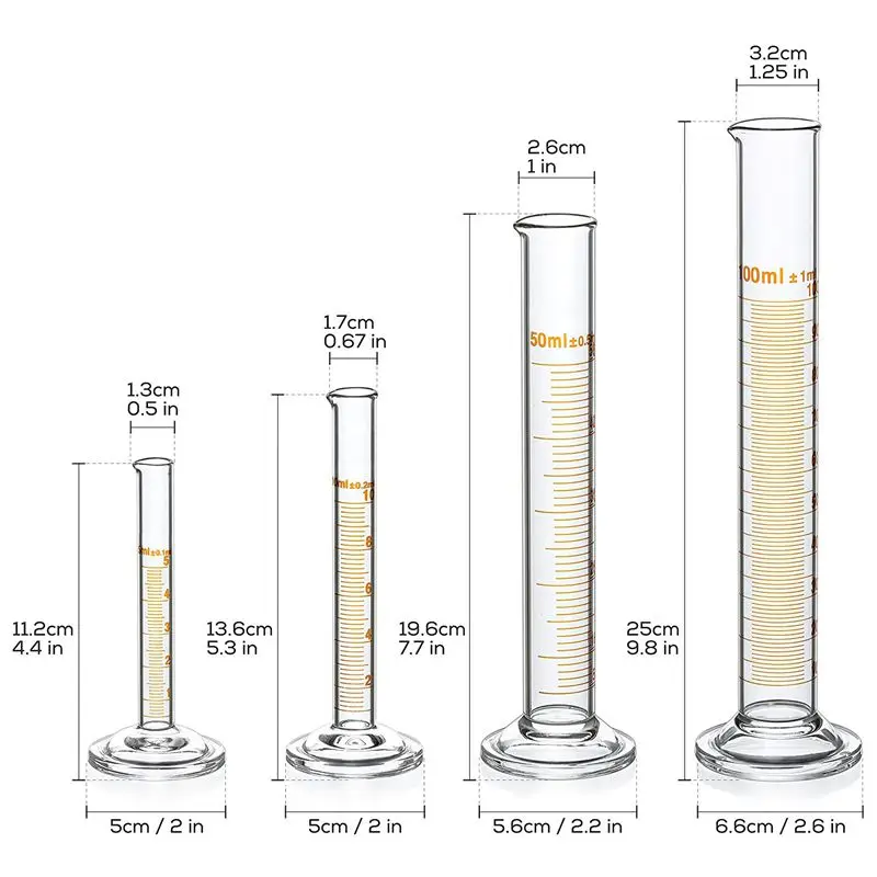 4 Measuring Cylinder-5ml, 10ml, 50ml, 100ml-Premium Glass Contains 2 Cleaning Brushes + 3 x 1ml Glass Pipettes