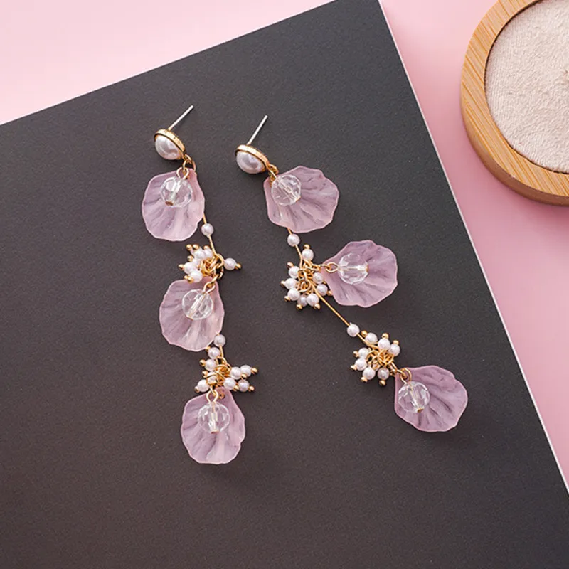 

New Elegant Acrylic Flower Petal Long Pearl Tassel Drop Earrings Temperament Korean Jewelry Pendientes For Women Gift 5J2021