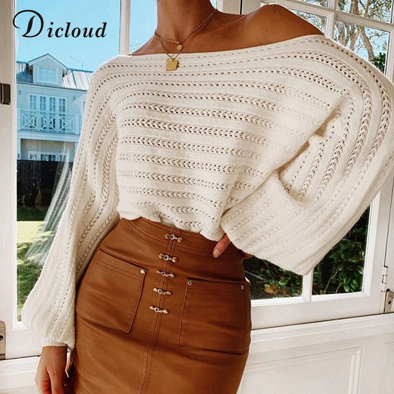 

DICLOUD off shoulder oversized sweaters for women white ballon sleeve striped pullover casual jumper winter clothes autumn 2019