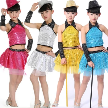 

Girls Sequined Ballet Dancewear dress Kids Party Ballroom Stage dancing Dress Children's Performance Jazz tutu dress Tops+Skirt