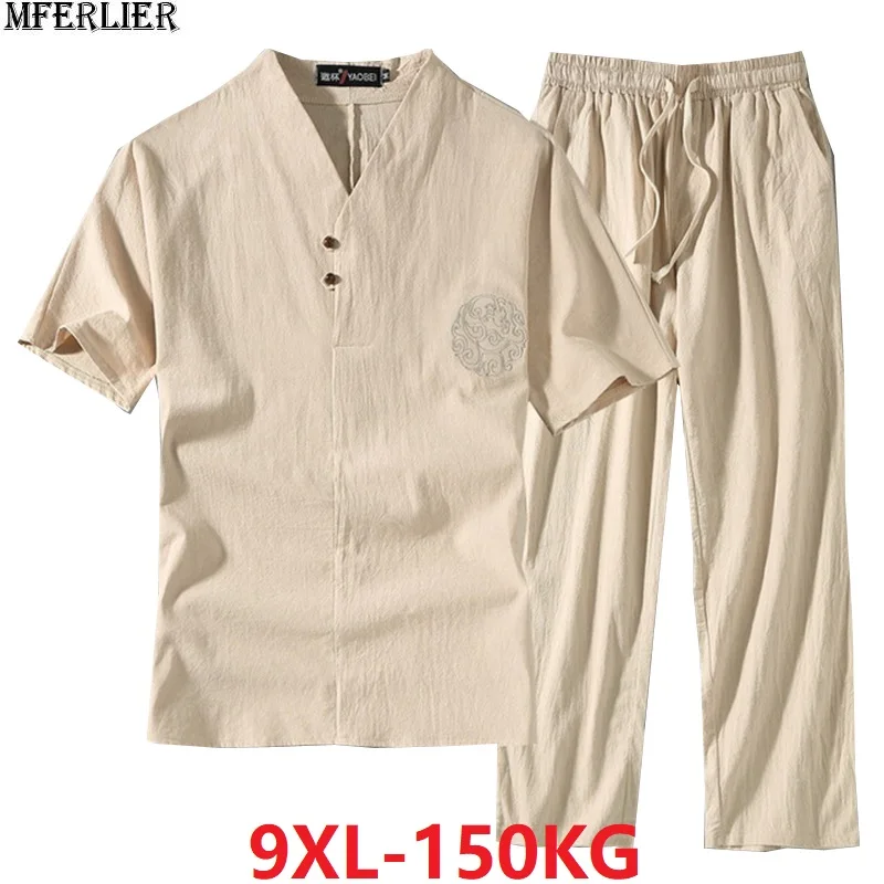 Футболка и штаны в китайском стиле, мужские винтажные костюмы в стиле Тан, домашние футболки, большие размеры, футболка с коротким рукавом, большие размеры 7XL 8XL 9XL, топы 68