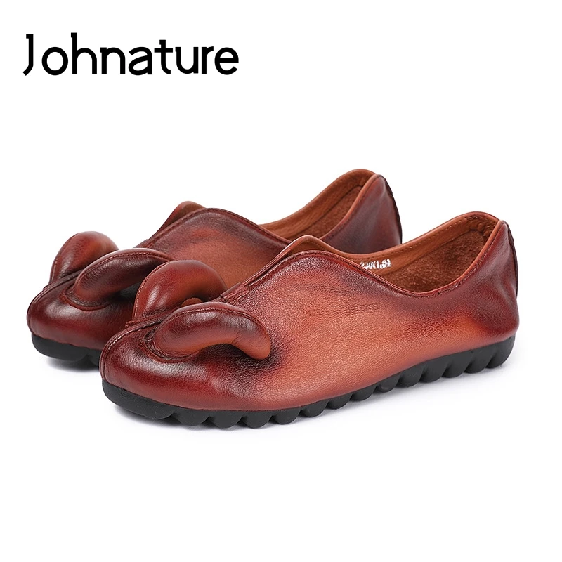 

Johnature Genuine Leather Flats Casual Solid Color Slip-on Round Toe 2019 New Spring/Autumn Shallow Retro Simple Women Shoes