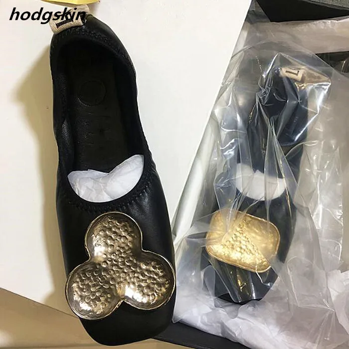 

2019 Bling Metal Decor Square Toe Flats Women Shoes Slip on Ballet Flats Soft Leather Loafers Casual Shoes