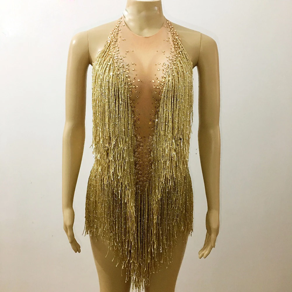 

one-piece suits Sparkly Gold Tassel Rhinestones Glisten Beads Bodysuit Bar Dj Singer Dancer One-Piece Outfit Costume Stage