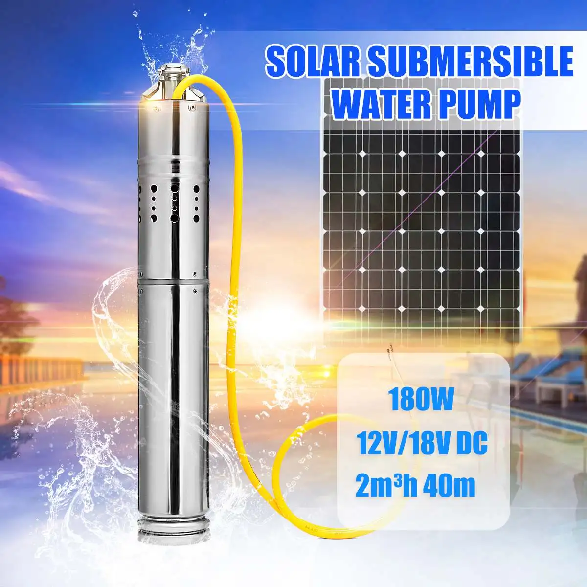 

DC12V/18V 180W Solar Powered Pump Max Head 40m Submersible Bore Hole Deep Well Pump For Farm Fishpond And Ranch