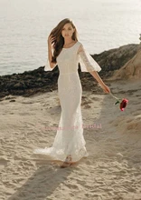 flutter sleeves embroidered lace beach wedding dress Square Neck bridal gown geo lace yoke flutter sleeve top
