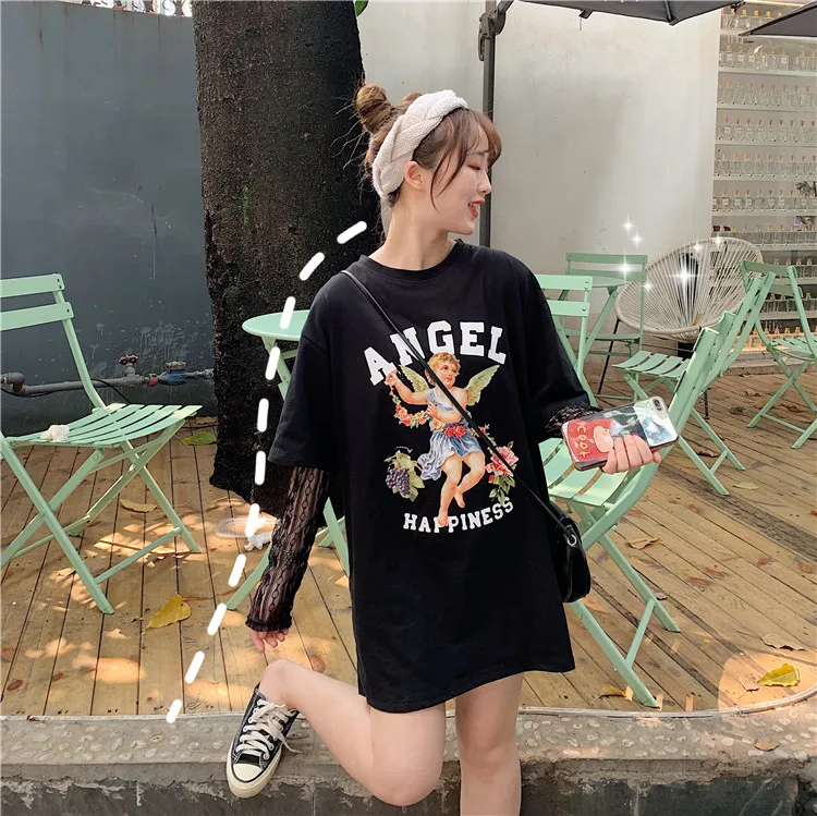 Harajuku Chic T-shirt Women Summer Tops Women Clothes Loose Angel Tops Oversized T Shirt Pink Student