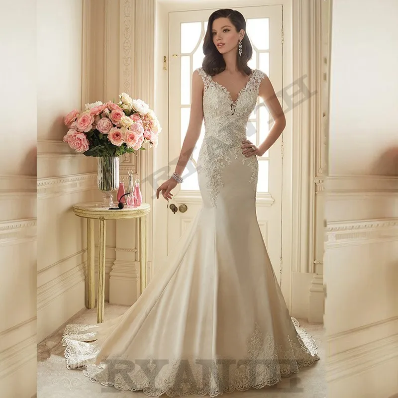 

Vestido de noiva Sexy V Neck Lace Satin Mermaid Wedding Dresses 2018 Cheap Vestidos de novia Open Back Robe De Mariage ZJ23