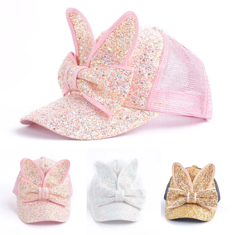 Shiny Sequins Baseball Caps For Girls Rabbit Bowknot Ear Children Mesh ...