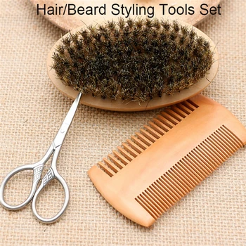 

Hair Beard Styling Cleaning Tools Set Wooden Shaving Brush Combs Scissors Bristle Brush Natural Wood Combs Hair Cutting Scissors