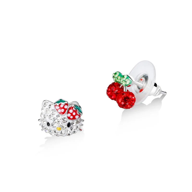 

Crystal Stud Earrings for Hello Kitty Women Mini Cute Cat Red Cherry Red Creative EarRing Korean Fashion Jewelry Fine Gift