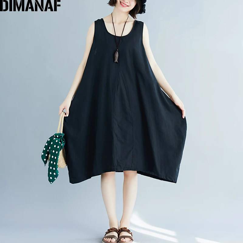 

DIMANAF Plus Size Women Dress Summer Sundress Big Size Female Lady Vestidos Loose Casual Dress Sleeveless A-Line Cotton Linen