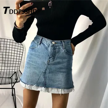 

Patchwork Fake Two Piece Women Skirt Light Blue Denim Pocket Sweet Female Skirts