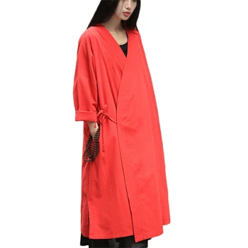 

Hisenky Spring Autumn New Cotton & Linen Women's Retro Loose Tether Cotton Jacket Women's Casual Cardigan Outside Trenchcoat