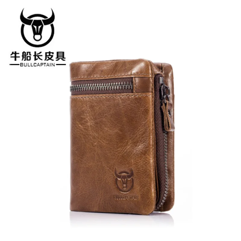 

BULLCAPTAIN CASUAL Short Trifold Hasp Zipper Wallet MEN Coffee Cow Leather Wallet Coin Pocket Money Purse Bag Card Holder 2018