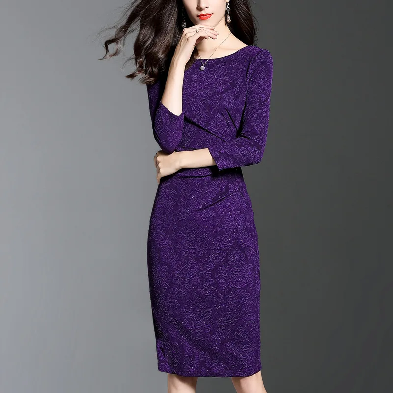 Осеннее модное элегантное женское облегающее фиолетовое платье-карандаш Добби, 4xl офисное женское осеннее плиссированное платье с круглым вырезом