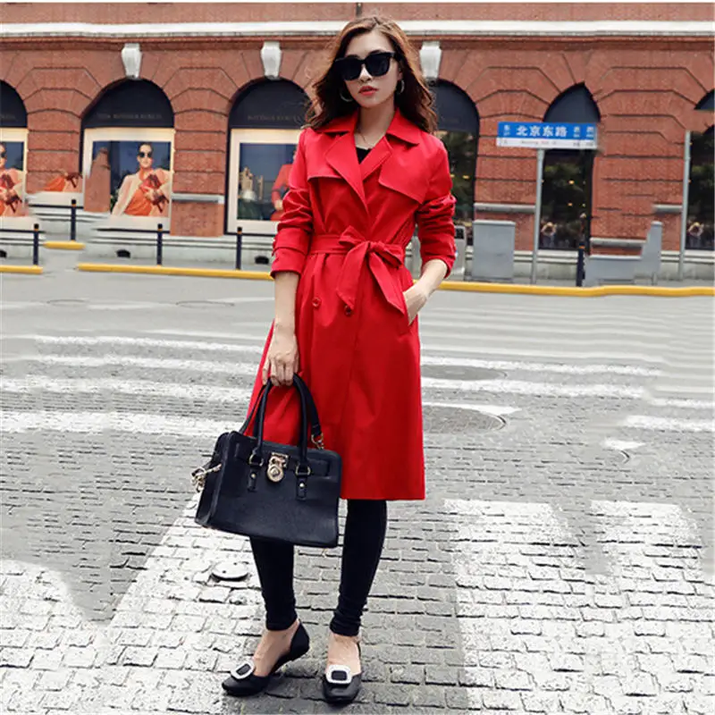 

2019 Fashion New Spring Autumn Red Temperament Slim Women Long Trench Coat Turn Down Collar Double Breasted Slit Outerwear XH253