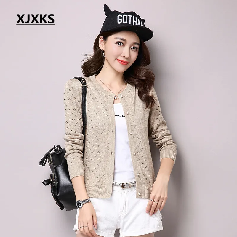 

XJXKS S-XXXL Solid Hollow Out Spring Women's Cardigans Thin Sweaters Button Open Stitch Natural Fashion O-neck Sweater 1605