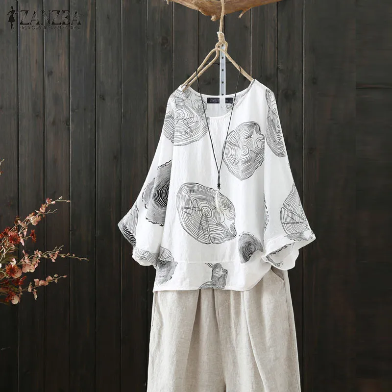 

2019 Plus Size ZANZEA Autumn Blouse Women Casual O Neck Batwing Sleeve Printed Party Loose Shirt Tunic Top Female Blusas Chemise