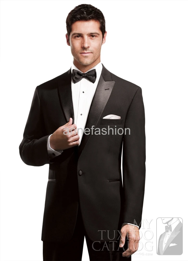 

Free shipping Custom made slim fit peak lapel black tuxedos(Jacket +pants)