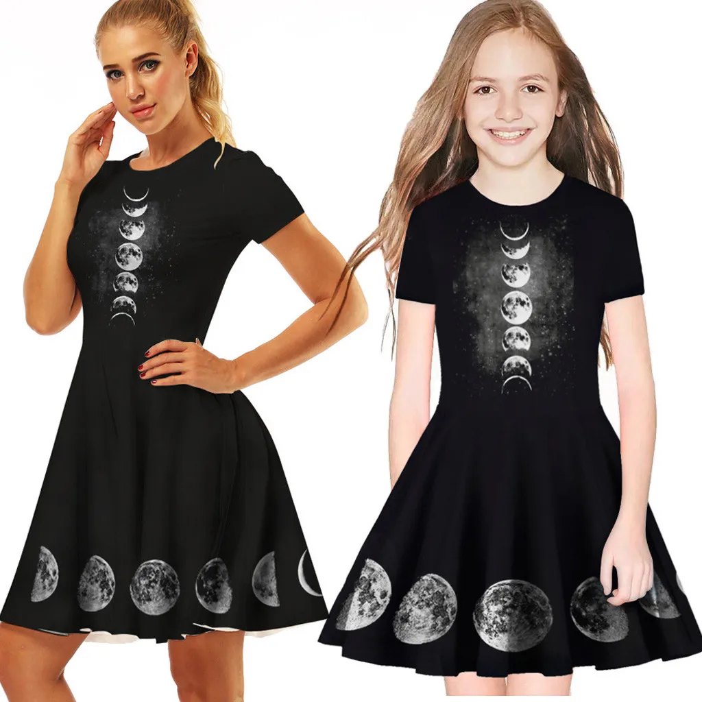 

Mommy Me Summer Galaxy 3D Digital Printing Princess big sister Pleated matching dress little sister matching mum and daughter
