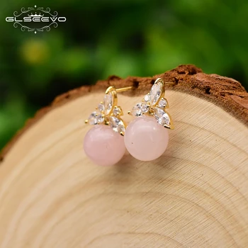 

GLSEEVO Natural Round Pink Crystal Stone Flower Drop Earrings Pave Cubic Zircon Earrings Handmade Fine Jewelry Orecchini GE0306