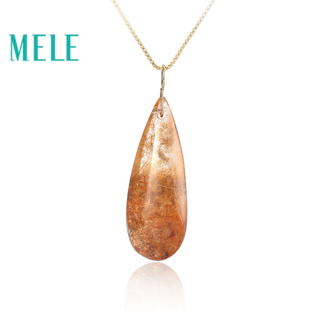 

Natural garden crystal real 18k gold pendant for women and man.24ct red color ghost hairstone jewelry in pear shape