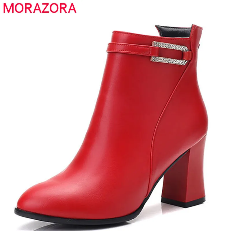 

MORAZORA 2018 new style zipper ankle boots for women pointed toe short plush autumn boots square high heels shoes woman