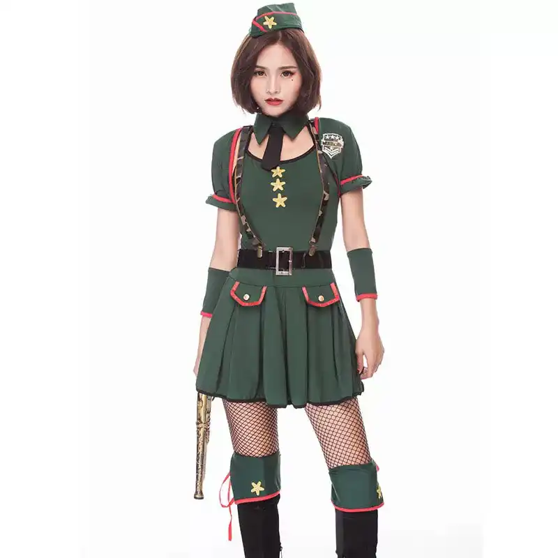 Female Military Uniform Porn - Adult Women Halloween Military Costume Short Sexy Green Pleated Dress  Cosplay Porn Games Amy Uniform Party Clothing For Girls