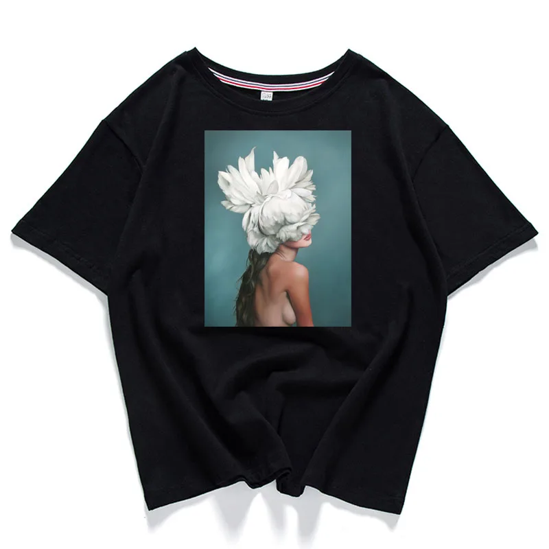 95% Хлопковая женская футболка с цветочным принтом и перьями, летняя футболка с коротким рукавом и круглым вырезом, футболка с принтом Харадзюку, Повседневная модная женская футболка