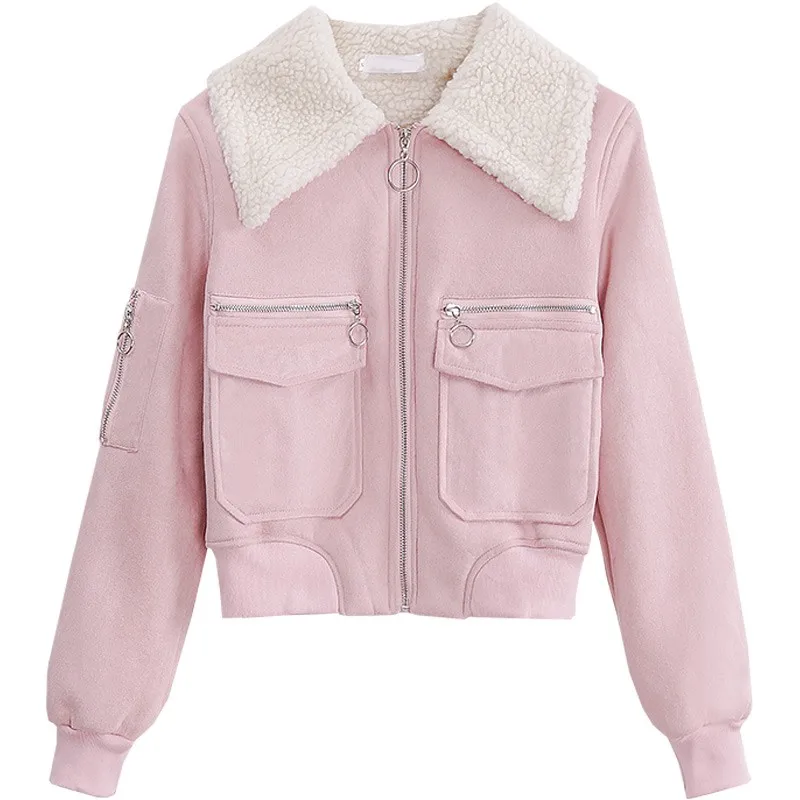 Korean tide lapel Autumn winter wear plus velvet denim jacket coat loose wild coat bomber jacket woman veste femme chaquetas 