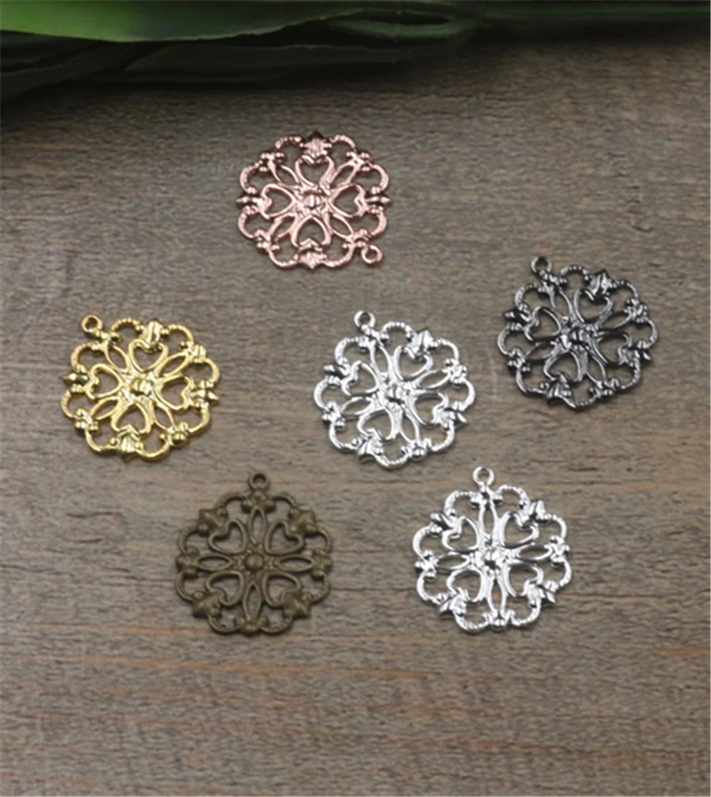 

BASEHOME 50pcs/lot 16x18mm Vintage Pendant Round Copper Flower Motif Vintage European Charms for DIY Retro Bracelet Necklace