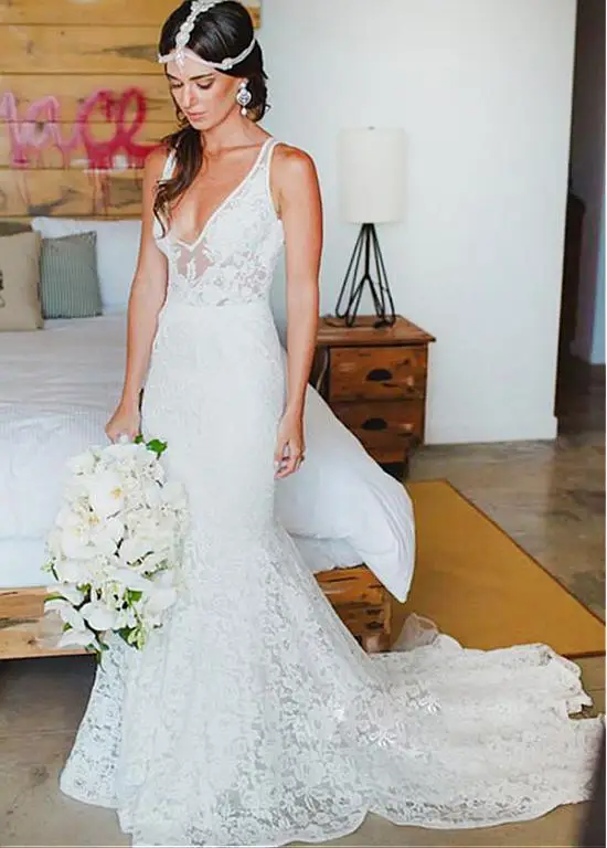 

Lace Vestido De Noiva 2019 Muslim Wedding Dresses Mermaid Deep V-neck Backless Boho Dubai Arabic Wedding Gown Bridal Dresses