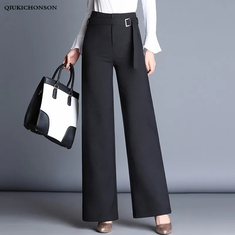 

High Waisted Wide Leg Pants Women Spring Autumn Metal Buckle Sashes Elegant Office Ladies Black Pants Trousers Palazzo Pants