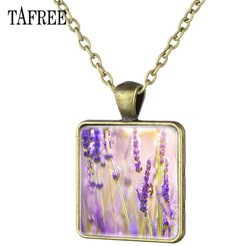 

TAFREE Lavender Square Pendant Necklace Charming Attractive Antique Bronze Plated Statement Necklaces Couple Lovers Jewelry YC04
