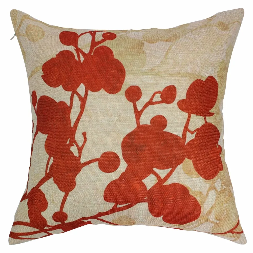Decorative Pillowcase Red Flower Linen Cushion Case Floral Pillow Cover
