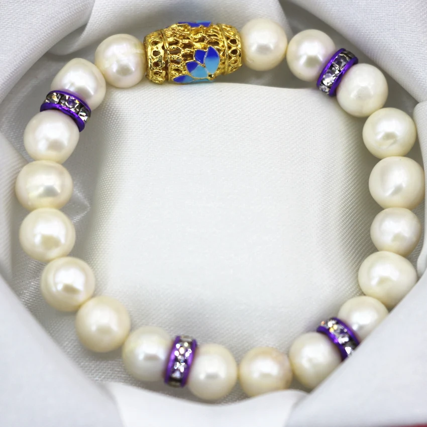9-10mm natural white freshwater cultured nearround pearl beads bracelet gold plated cloisonne bangle women jewelry 7.5inch B3096
