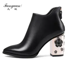 Fanyuan/ботильоны пикантные женские полусапожки из натуральной кожи с острым носком на высоком толстом каблуке, украшенные цветами, на молнии