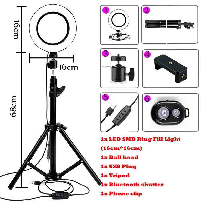 " 16 см фотография с регулируемой яркостью светодиодный селфи кольцо свет студия видео Live 3200-5500 k камера телефон лампа для фотосъемки с USB вилкой штатив - Цвет: Белый