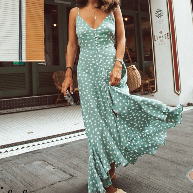 

Women Summer Dress Boho Dot Print Ruffles Beach Style Sling Backless Maxi Dress Lady Evening Party Sundress Robe Femme